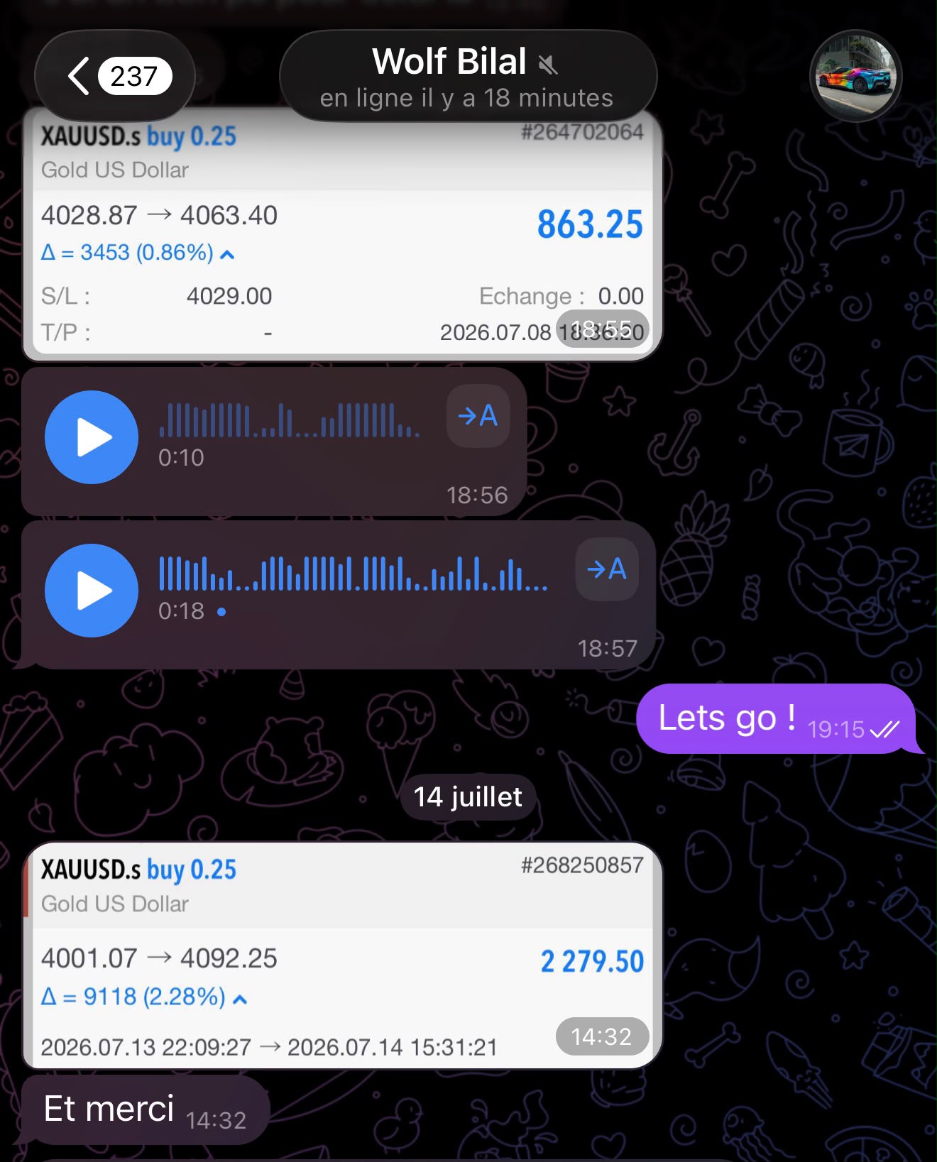 Résultat de trading partagé par un membre du canal, capture 4