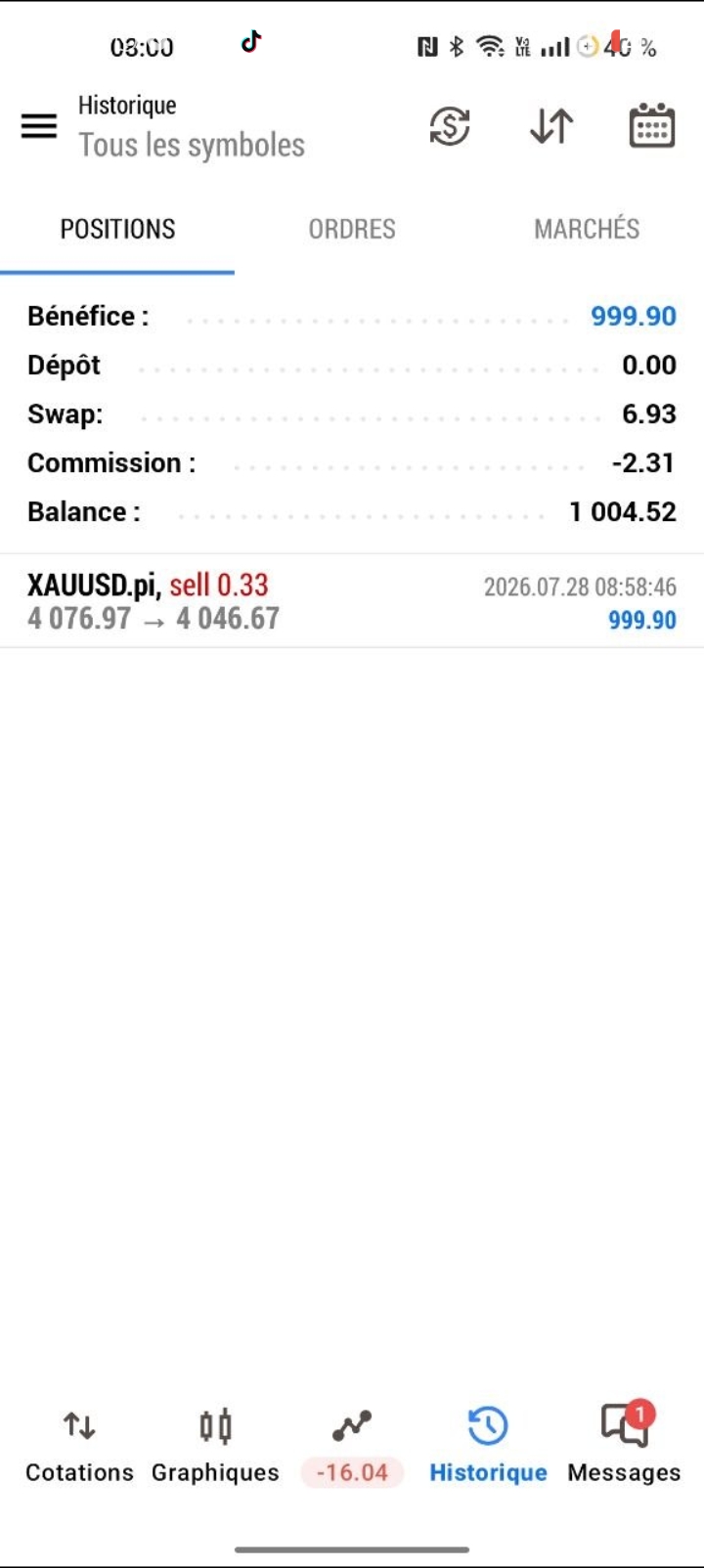 Résultat de trading partagé par un membre du canal, capture 2